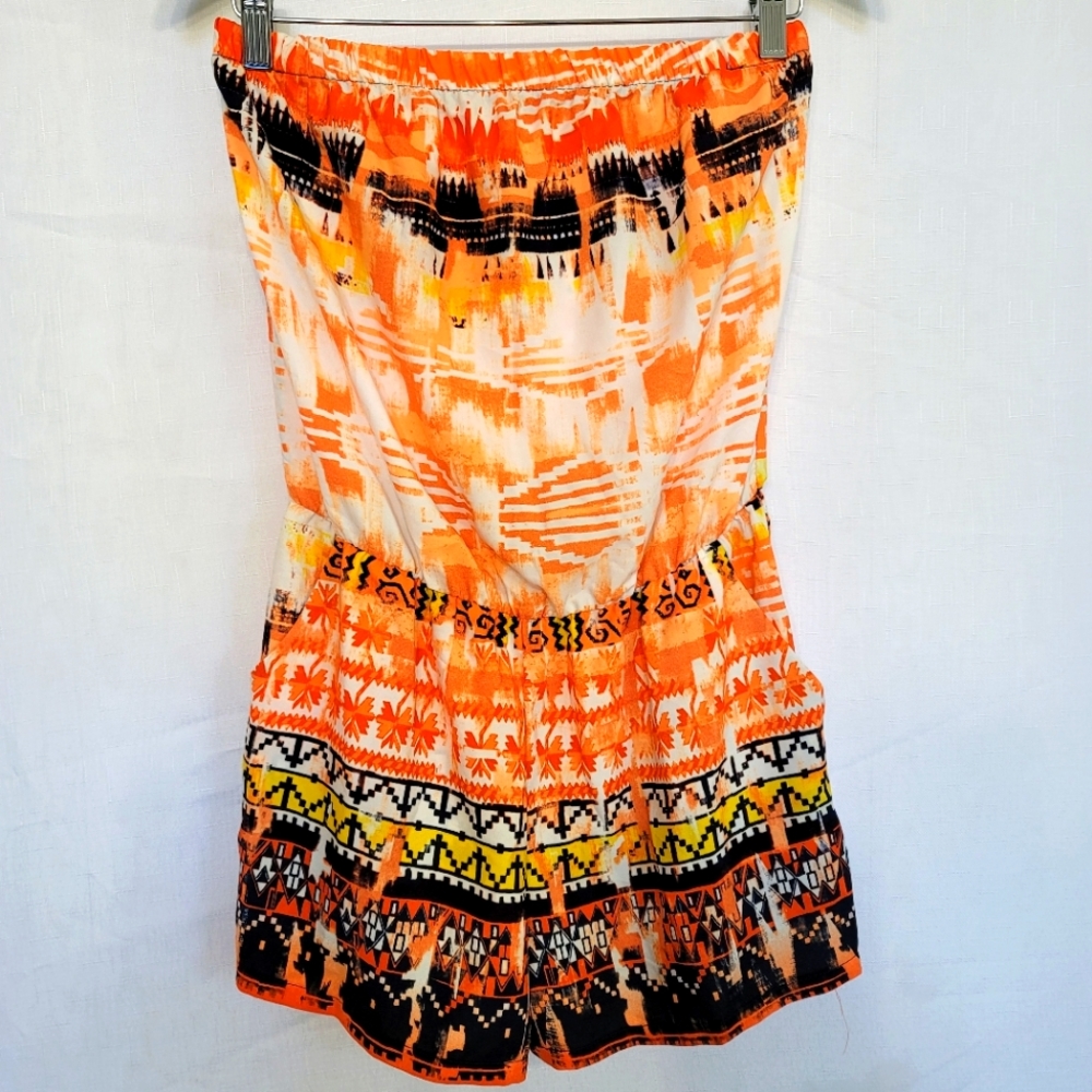 Tyche Orange & Black Aztec Pattern M Strapless Romper Medium